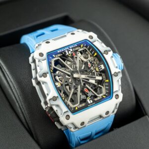 Richard Mille white carbon fiber sports watch—skeletonized dial and blue rubber strap